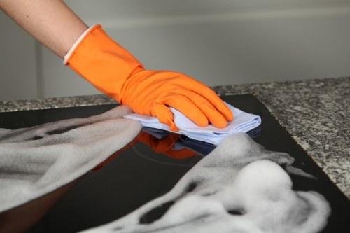 Carpet cleaning technician preparing equipment safely in a Hampstead home