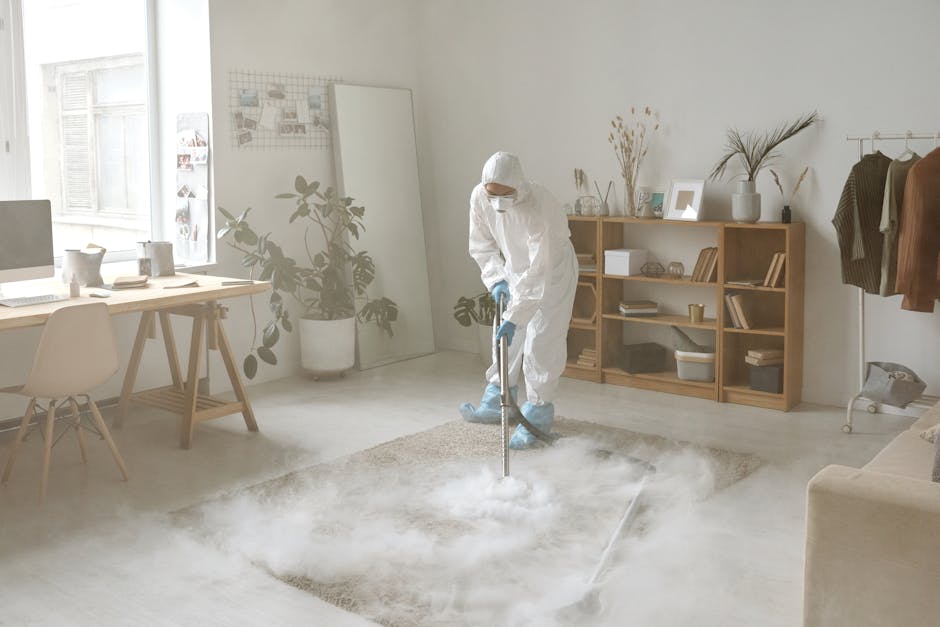 A professional cleaner dressed in full protective clothing, including a white suit, gloves, and blue shoe covers, is performing surface cleaning on a beige carpet in a bright, modern living room. The 